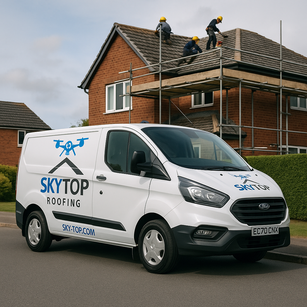The SkyTop van on a residential job with the crew on the roof