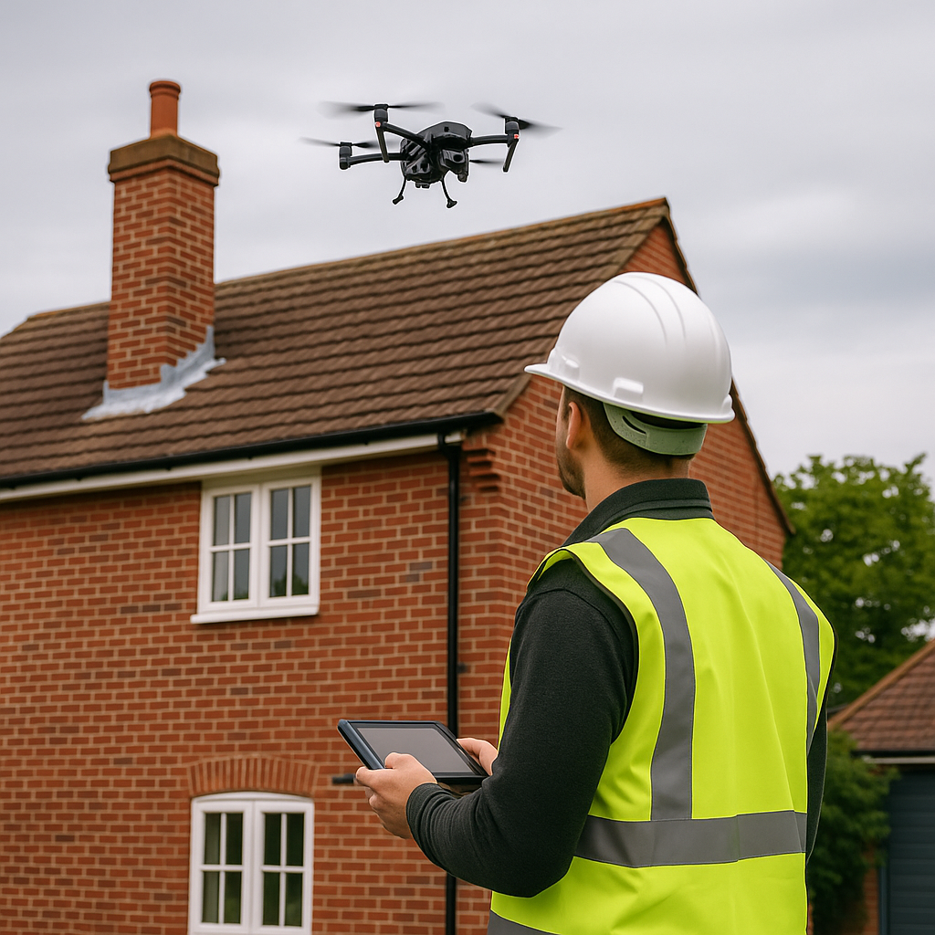 Drone surveying a residential roof