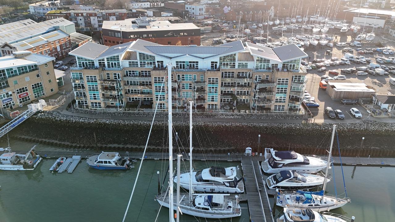 Aerial drone shot of Marina Apartments, Gosport — a SkyTop block